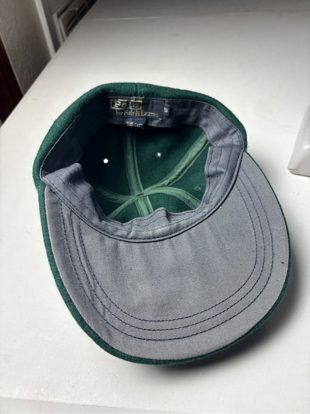 Vintage Polo Ralph Lauren 1993 Sit-down Bear long bill hat Green 100% Wool Sz S